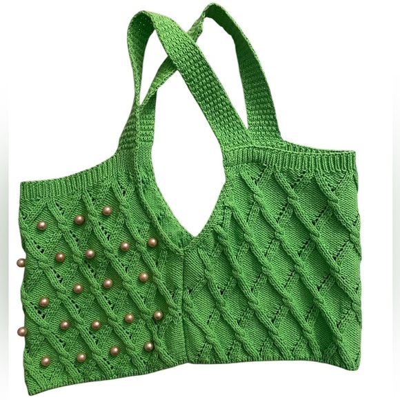 Zara Green Cropped Pearl Knit Sweater Top Clueless Preppy Fall Winter Y2K Style - Picture 3 of 10